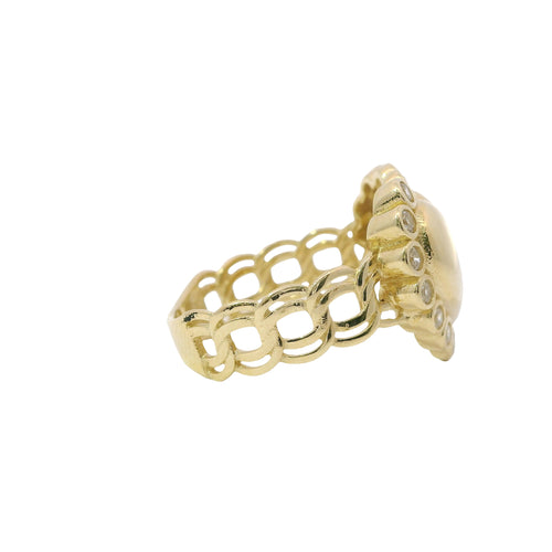 14KT Gold Ring Women's Plain Puff Heart with 18 White CZ Stones Border Chino Link Band