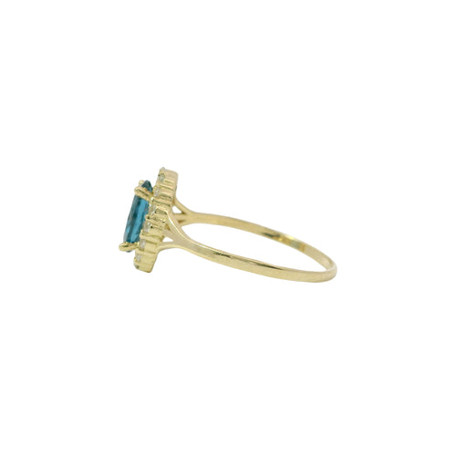 14KT Gold Ring Women's Oval Turquoise CZ Stone Center with Round White CZ Stones Border and Mini Plain Double Split Band