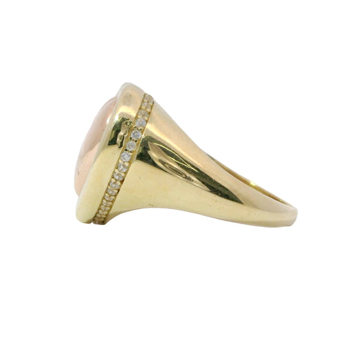 14KT Gold Ring Women's Two Tone Plain Puff Heart with Plain Puff Heart Border White CZ Stones Edge Plain Band