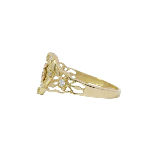14KT Gold Ring Women's Quinceanera "15" Two Tone Sunray Heart Center White CZ Stone Border and Open Rose Vine Band