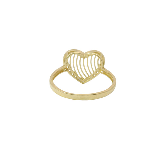 14KT Gold Ring Women's Open Stripe Heart with White CZ Stone Border