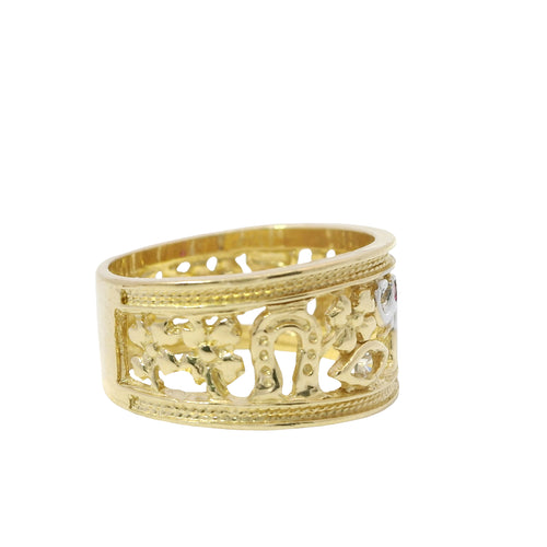 14KT Gold Ring Women's Two Tone "Good Luck" Open Split Band Plain Double Border on Top/Lower Bands (2 Flowers/ Horseshoe/ Flower Eye/ Elephant/ Owl/ Man/ 7/ 2 Flowers)