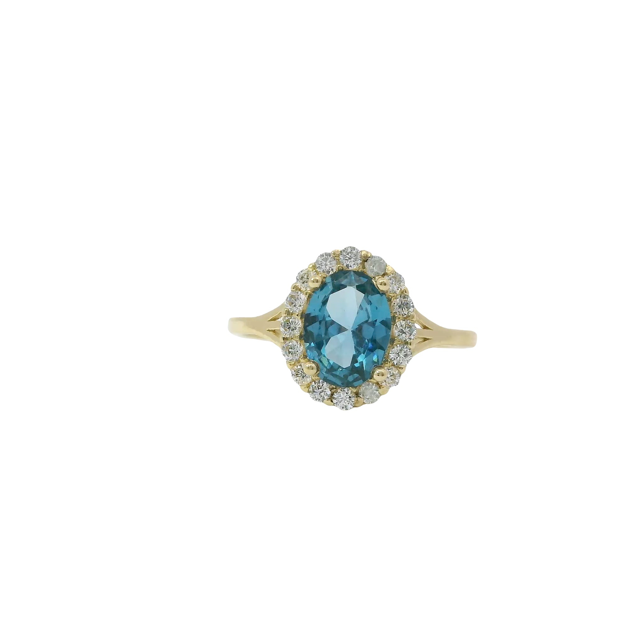 14KT Gold Ring Women's Oval Turquoise CZ Stone Center with Round White CZ Stones Border and Mini Plain Double Split Band
