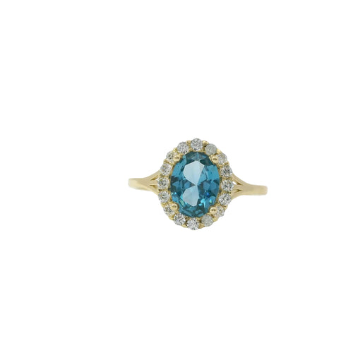 14KT Gold Ring Women's Oval Turquoise CZ Stone Center with Round White CZ Stones Border and Mini Plain Double Split Band