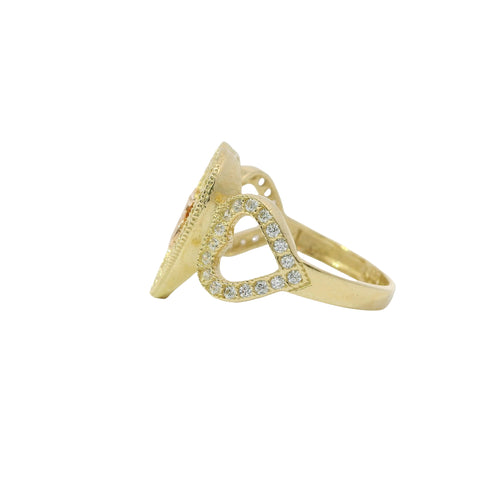 14KT Gold Ring Women's Two Tone Quinceanera "15" Heart Shape Center with Basketball lines and White CZ Stones Border Side Design Two Open White CZ Stone Hearts Plain Band