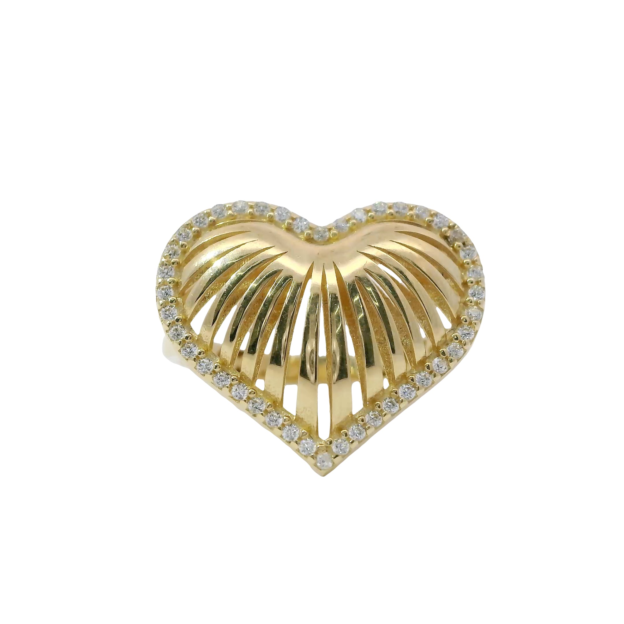 14KT Gold Ring Women's Plain Ribbed Seashell Heart with Single Row White CZ Stone Border Plain Split Band