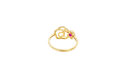 14KT Gold Ring Women's Quinceanera "15" Open Pentagon Flower Center with White CZ Stones Border Next to Smaller Pentagon Flower with Plain Border Dark Pink Center Stone and Plain Band