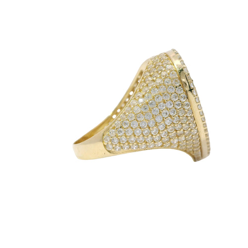 14KT Gold Ring Women's White CZ Stones Heart Flat Cluster Center with Double White CZ Row Border and 12 Row of CZ Band