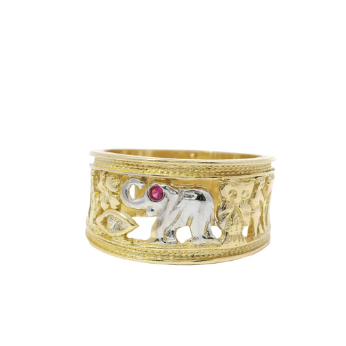 14KT Gold Ring Women's Two Tone "Good Luck" Open Split Band Plain Double Border on Top/Lower Bands (2 Flowers/ Horseshoe/ Flower Eye/ Elephant/ Owl/ Man/ 7/ 2 Flowers)
