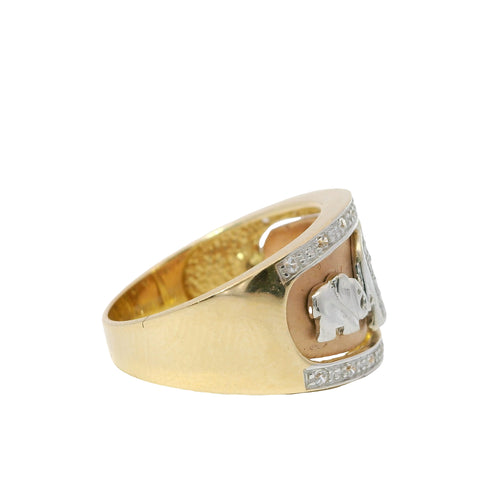 14KT Gold Ring Women's Tri Tone Right Facing White Gold Elephants One with Pink CZ Eye Rose Background White CZ Stones White Gold Band Border