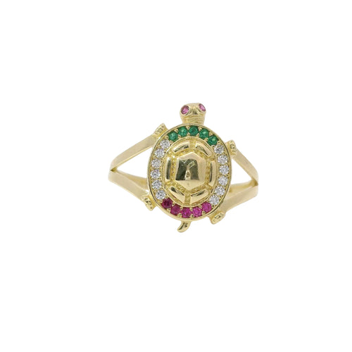 14KT Gold Ring Women's Mini White/Green/Red Mexico Flag CZ Stone Turtle Shell with Red CZ Eyes Plain Border and Plain Split Band