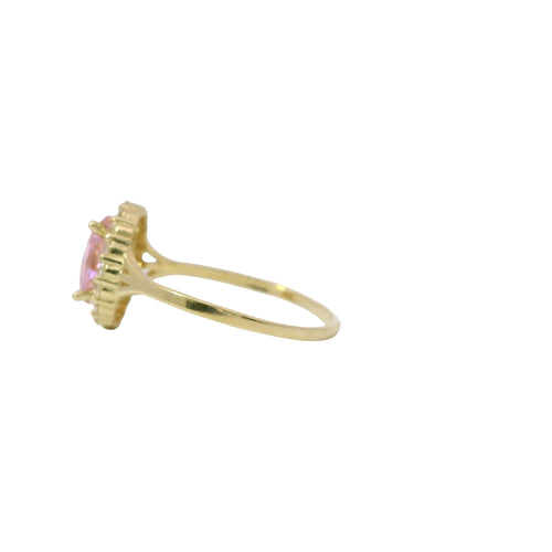 14KT Gold Ring Women's Oval Pink CZ Stone Center with Round White CZ Stones Border and Mini Plain Double Split Band
