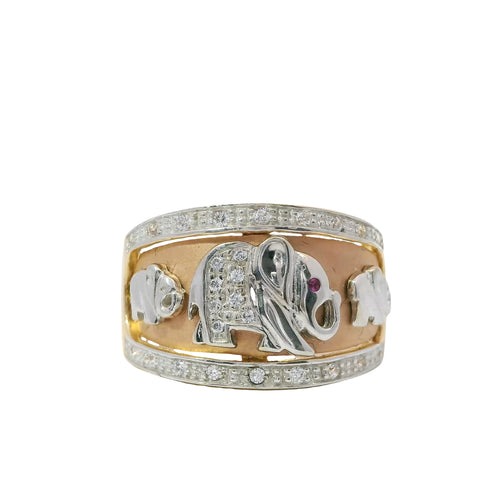 14KT Gold Ring Women's Tri Tone Right Facing White Gold Elephants One with Pink CZ Eye Rose Background White CZ Stones White Gold Band Border