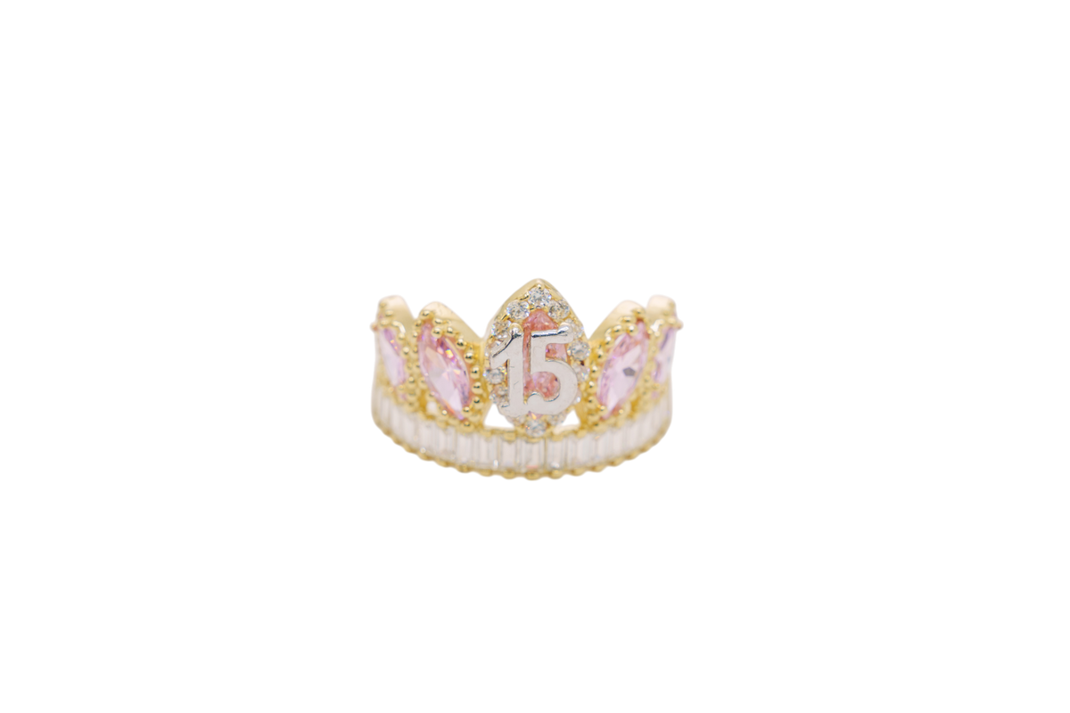 14KT Women's Gold Ring "15" Quinceanera Crown Pink CZ Stones with White Baguette CZ Stones Band Plain Shank