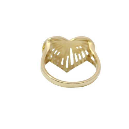 14KT Gold Ring Women's Plain Ribbed Seashell Heart with Single Row White CZ Stone Border Plain Split Band