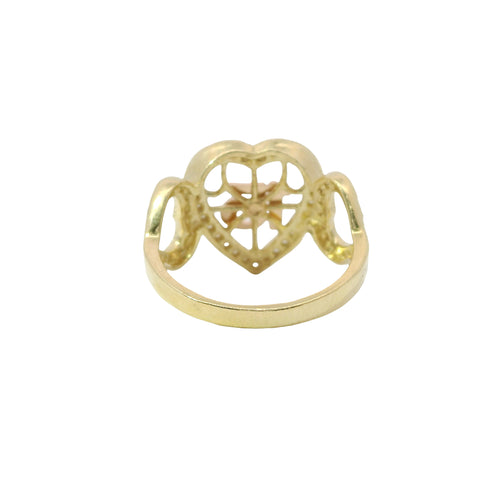 14KT Gold Ring Women's Two Tone Quinceanera "15" Heart Shape Center with Basketball lines and White CZ Stones Border Side Design Two Open White CZ Stone Hearts Plain Band