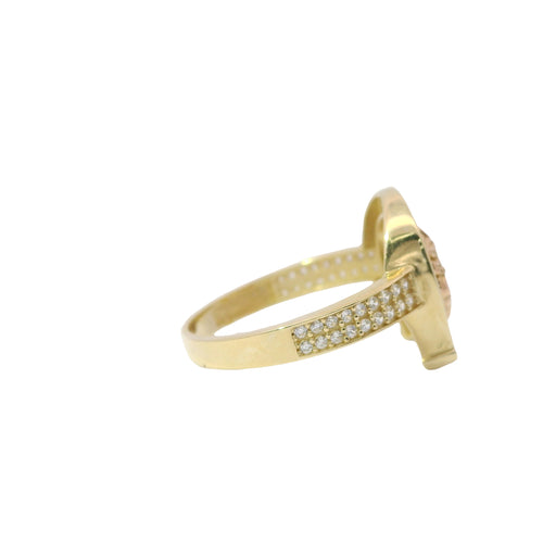 14KT Gold Ring Women's Two Tone Plain Horsehead Portrait with White CZ Stones Horseshoe Border and Band