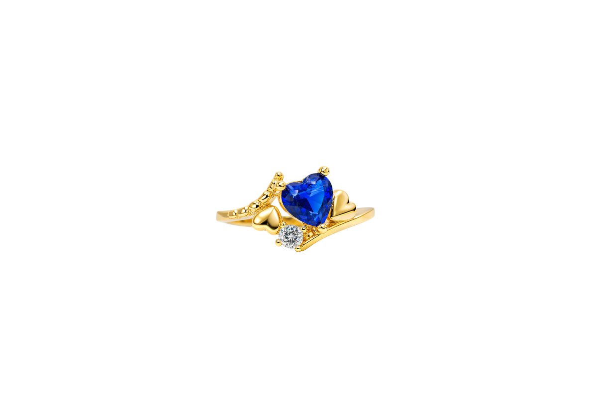 14KT Gold Ring Women's Navy Blue Heart Center CZ Stone Left White Round CZ Stone with Two Plain Hearts and Plain Bypass Band Upper - Rope Lower Band Plain