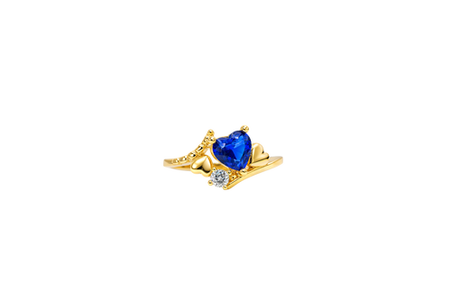 14KT Gold Ring Women's Navy Blue Heart Center CZ Stone Left White Round CZ Stone with Two Plain Hearts and Plain Bypass Band Upper - Rope Lower Band Plain