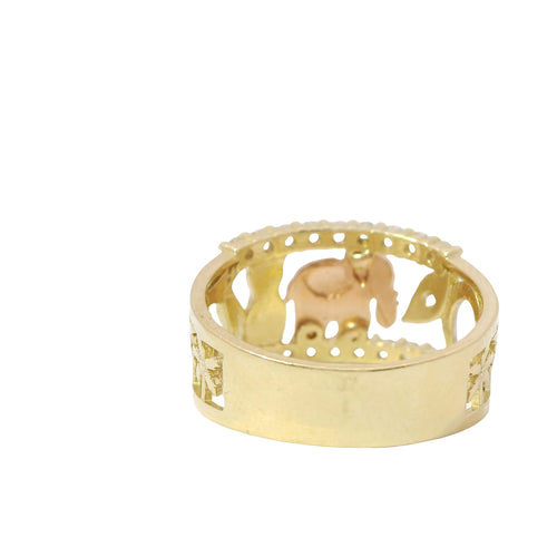 14KT Gold Ring Women's Open Split Band with White CZ Stones Border (2 palm trees/ Horseshoe/ Leaf/ Elephant/ Owl/ Man/ 7/ 2 Plam Trees)