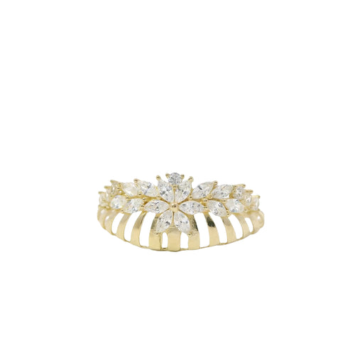 14KT Gold Ring Women's Light Weight White CZ Stone Snowflake Garland Center with Open Stripe Band