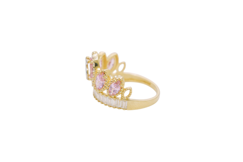 14KT Women's Gold Ring "15" Quinceanera Crown Pink CZ Stones with White Baguette CZ Stones Band Plain Shank