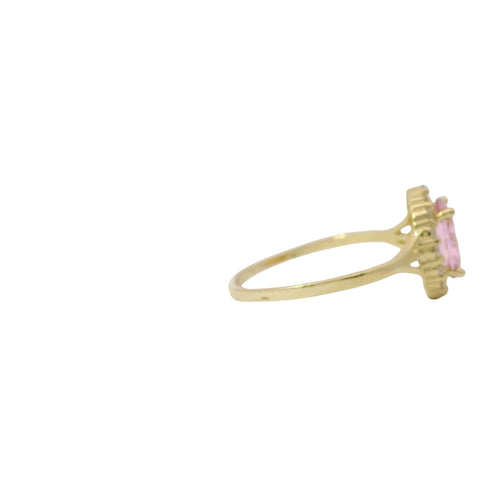 14KT Gold Ring Women's Oval Pink CZ Stone Center with Round White CZ Stones Border and Mini Plain Double Split Band
