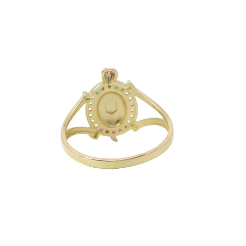 14KT Gold Ring Women's Mini White/Green/Red Mexico Flag CZ Stone Turtle Shell with Red CZ Eyes Plain Border and Plain Split Band