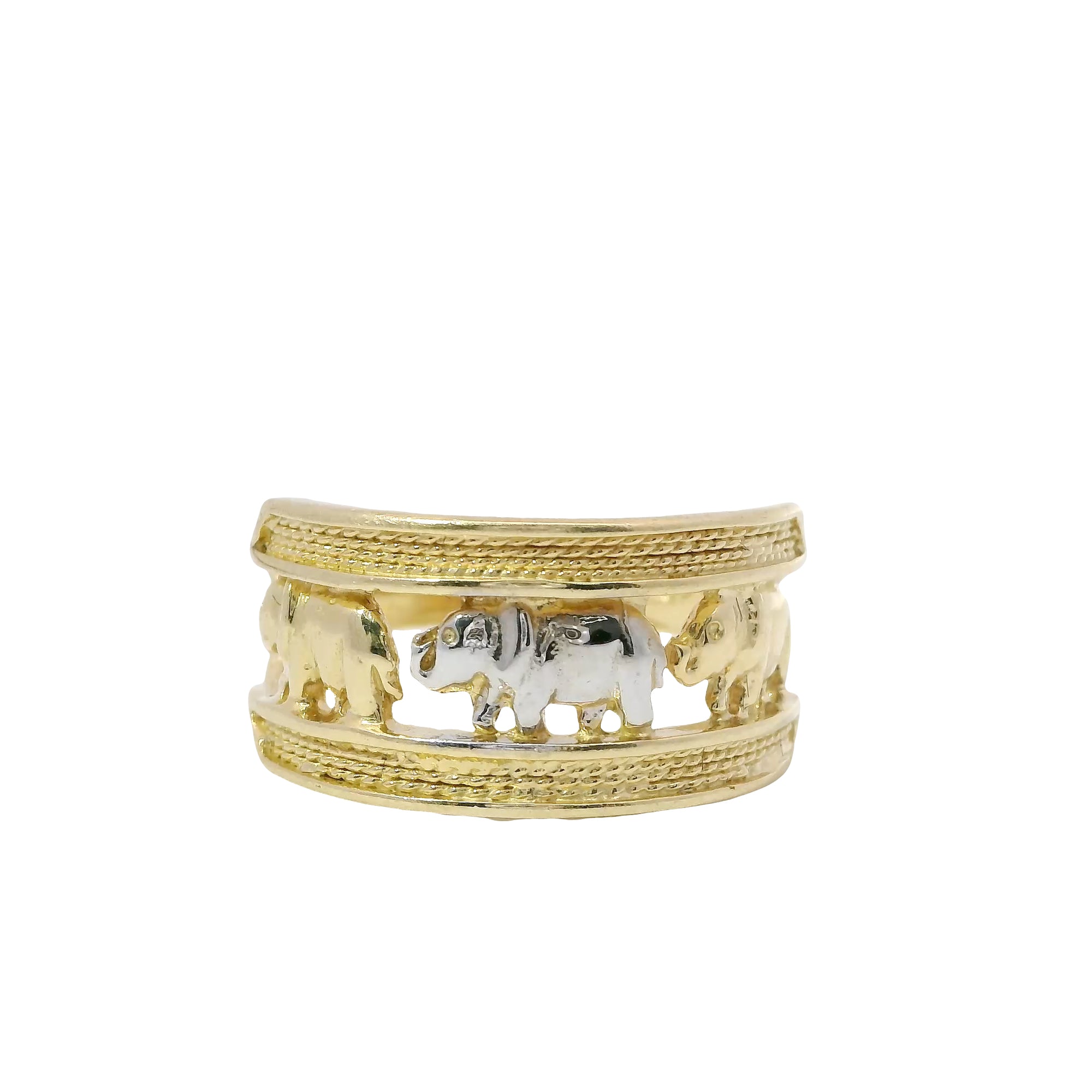 14KT Gold Ring Women's Two Tone Open Split Band with Three Left Facing Elephants Gold, White Gold, Gold and Double Plain Top/Lower Border Band