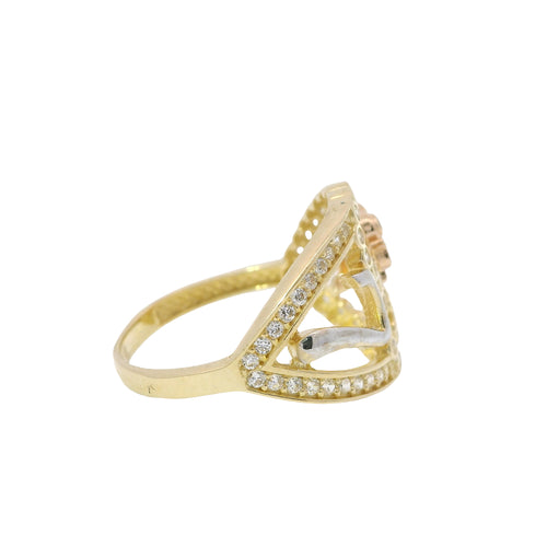14KT Gold Ring Women's Tri Tone "Lucky Heart" Heart Shape with Open Split White CZ Stones Band "7" Center with Flower