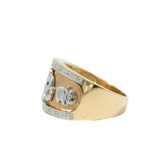 14KT Gold Ring Women's Tri Tone Right Facing White Gold Elephants One with Pink CZ Eye Rose Background White CZ Stones White Gold Band Border