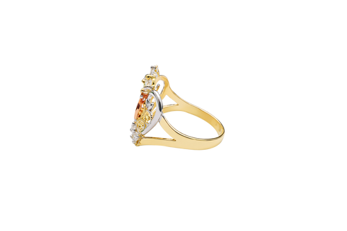 14KT Gold Ring Women's Tri Tone "15" Quinceanera Tiara with Two Round White CZ Stones on Top and Five Round White CZ Stones on Tiara Band Plain Split Band