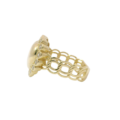 14KT Gold Ring Women's Plain Puff Heart with 18 White CZ Stones Border Chino Link Band