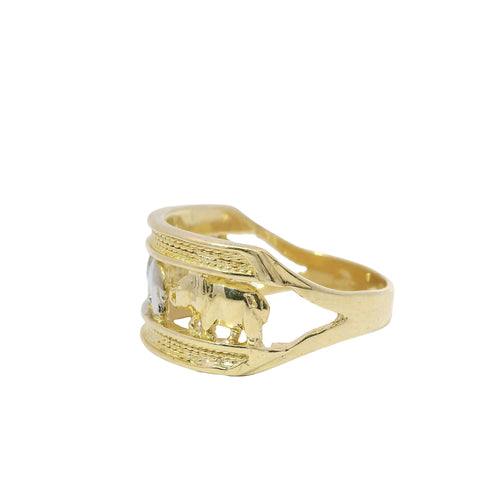14KT Gold Ring Women's Two Tone Open Split Band with Three Left Facing Elephants Gold, White Gold, Gold and Double Plain Top/Lower Border Band