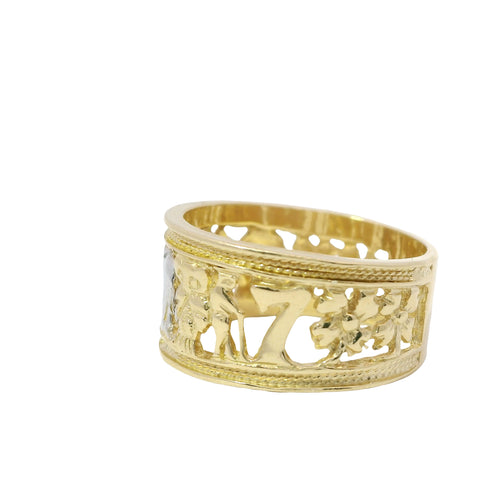 14KT Gold Ring Women's Two Tone "Good Luck" Open Split Band Plain Double Border on Top/Lower Bands (2 Flowers/ Horseshoe/ Flower Eye/ Elephant/ Owl/ Man/ 7/ 2 Flowers)