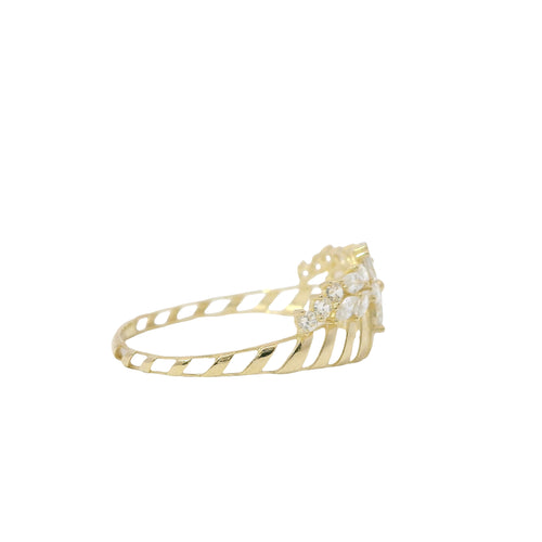 14KT Gold Ring Women's Light Weight White CZ Stone Snowflake Garland Center with Open Stripe Band