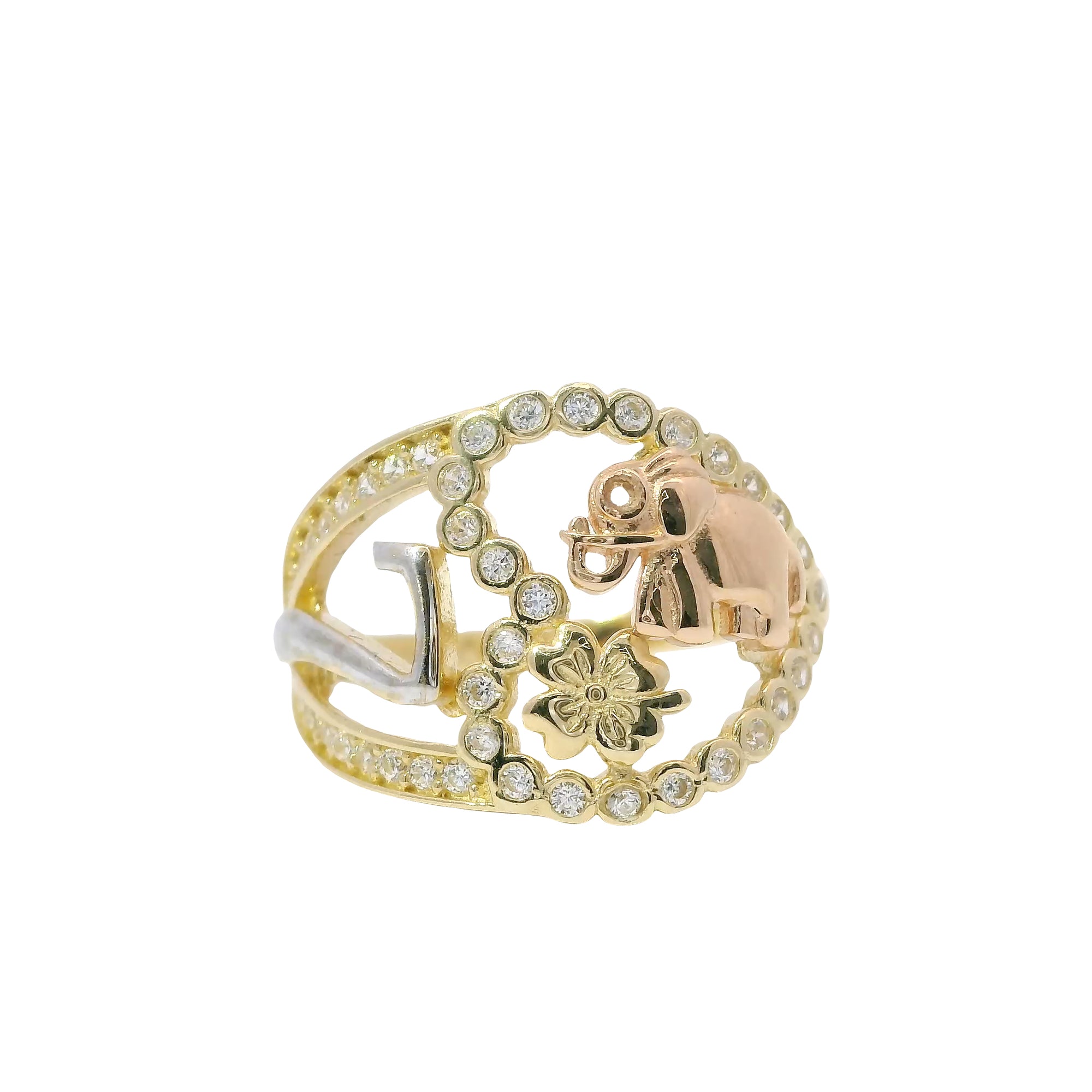 14KT Gold Ring Women's Tri Tone "Lucky Heart" Heart Shape with Open Split White CZ Stones Band "7" Center with Flower