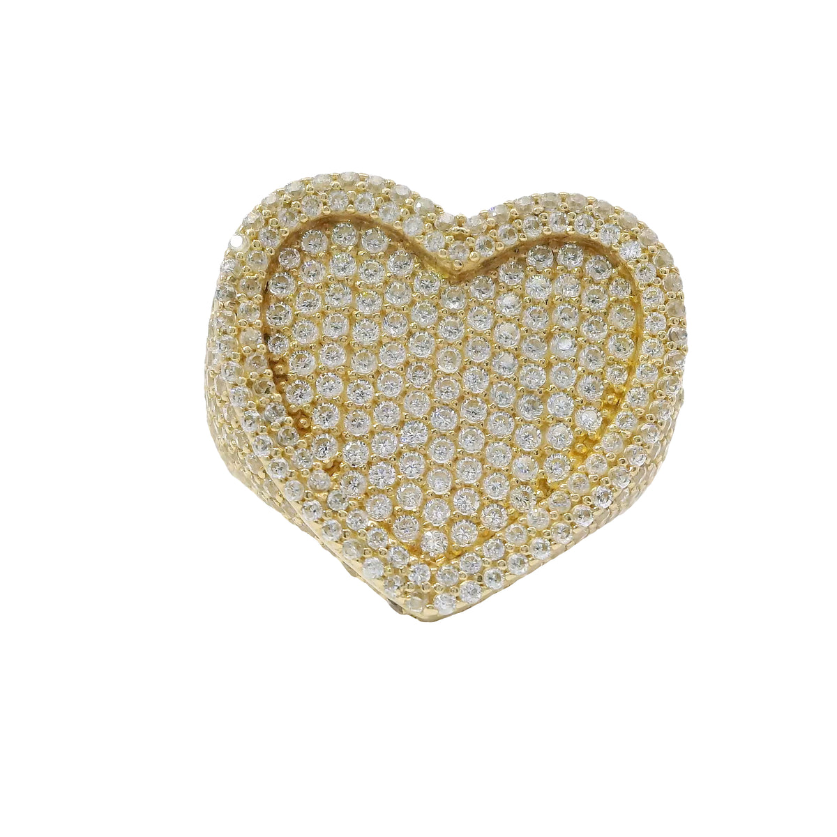 14KT Gold Ring Women's White CZ Stones Heart Flat Cluster Center with Double White CZ Row Border and 12 Row of CZ Band