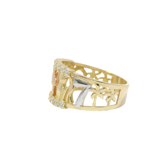 14KT Gold Ring Women's Open Split Band with White CZ Stones Border (2 palm trees/ Horseshoe/ Leaf/ Elephant/ Owl/ Man/ 7/ 2 Plam Trees)