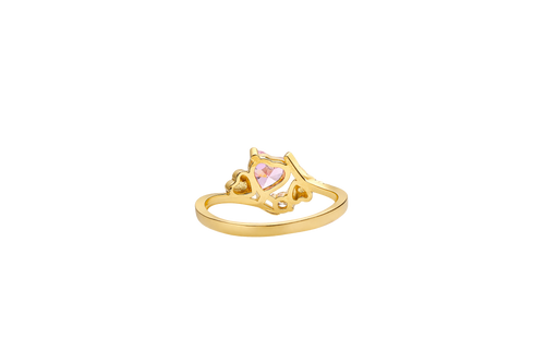 14KT Gold Ring Women's Pink Heart Shape Center CZ Stone Left White Round CZ Stone with Two Plain Hearts and Plain Bypass Band Upper - Rope Lower Band Plain