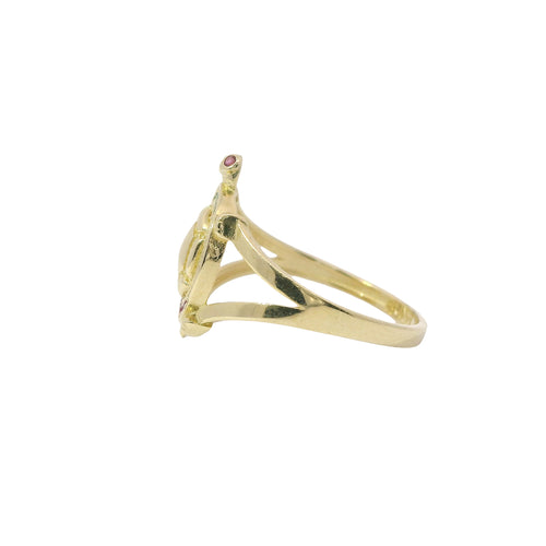 14KT Gold Ring Women's Mini White/Green/Red Mexico Flag CZ Stone Turtle Shell with Red CZ Eyes Plain Border and Plain Split Band