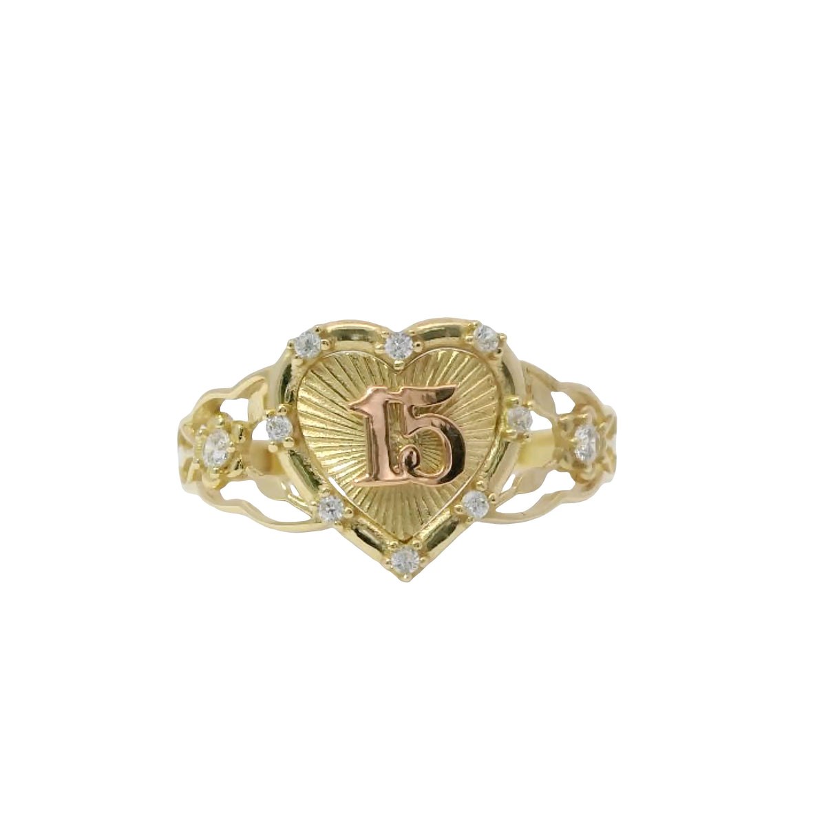 14KT Gold Ring Women's Quinceanera "15" Two Tone Sunray Heart Center White CZ Stone Border and Open Rose Vine Band