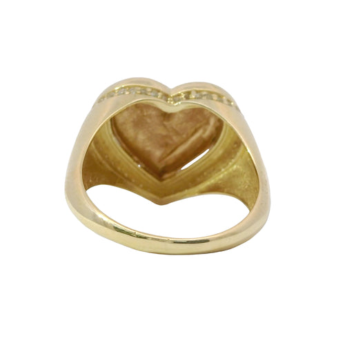 14KT Gold Ring Women's Two Tone Plain Puff Heart with Plain Puff Heart Border White CZ Stones Edge Plain Band