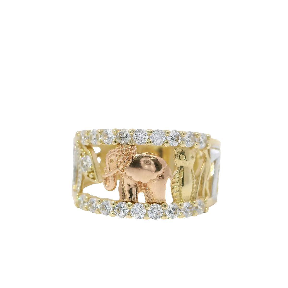 14KT Gold Ring Women's Open Split Band with White CZ Stones Border (2 palm trees/ Horseshoe/ Leaf/ Elephant/ Owl/ Man/ 7/ 2 Plam Trees)