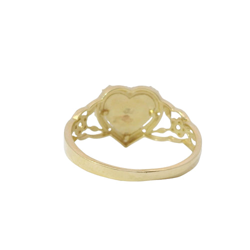 14KT Gold Ring Women's Quinceanera "15" Two Tone Sunray Heart Center White CZ Stone Border and Open Rose Vine Band