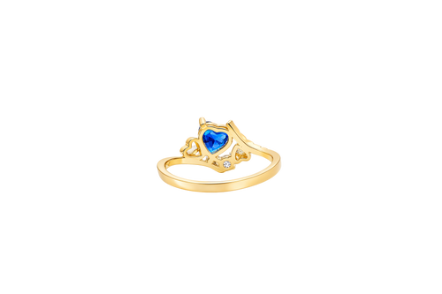 14KT Gold Ring Women's Navy Blue Heart Center CZ Stone Left White Round CZ Stone with Two Plain Hearts and Plain Bypass Band Upper - Rope Lower Band Plain