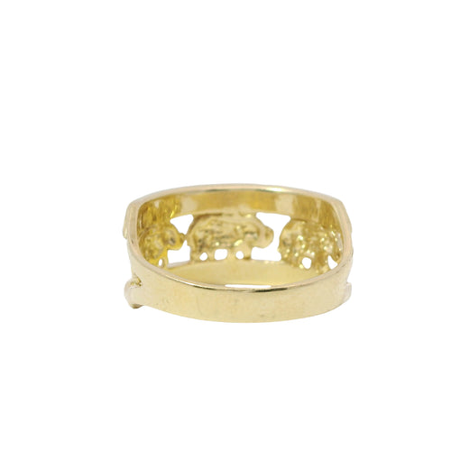 14KT Gold Ring Women's Two Tone Open Split Band with Three Left Facing Elephants Gold, White Gold, Gold and Double Plain Top/Lower Border Band