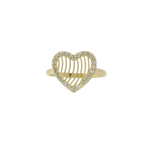 14KT Gold Ring Women's Open Stripe Heart with White CZ Stone Border