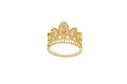 14KT Women's Gold Ring "15" Quinceanera Crown Pink CZ Stones with White Baguette CZ Stones Band Plain Shank