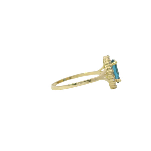 14KT Gold Ring Women's Oval Turquoise CZ Stone Center with Round White CZ Stones Border and Mini Plain Double Split Band